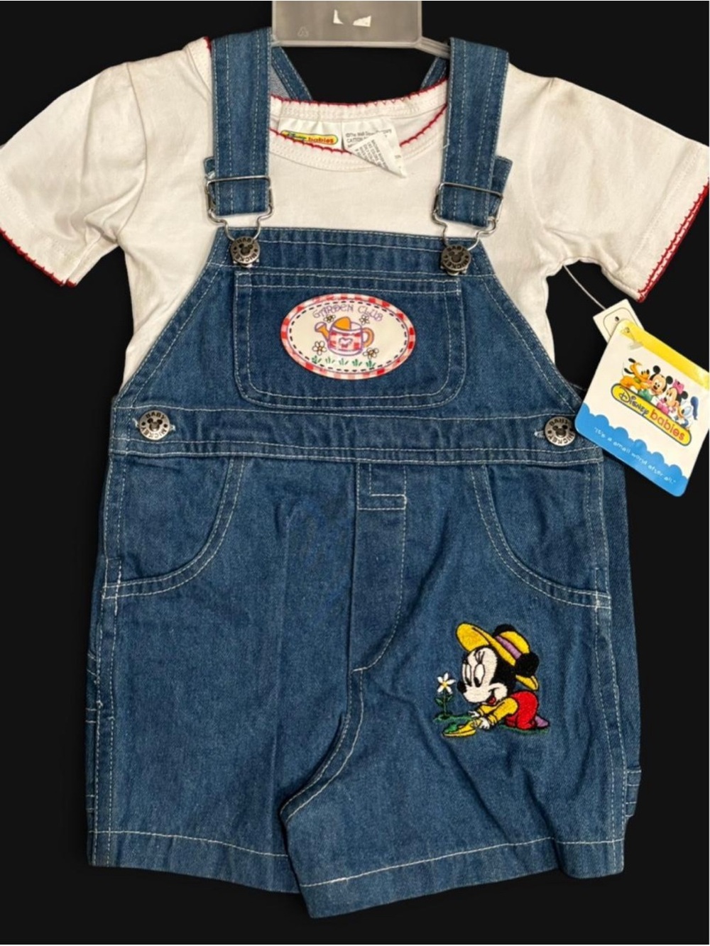 Vintage Disney Babies- Baby Minnie denim shortalls with blouse set 18 Months